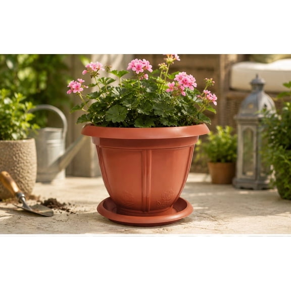 Round Terracotta Plastic Floral Flower Pot with Plate, 3 Count