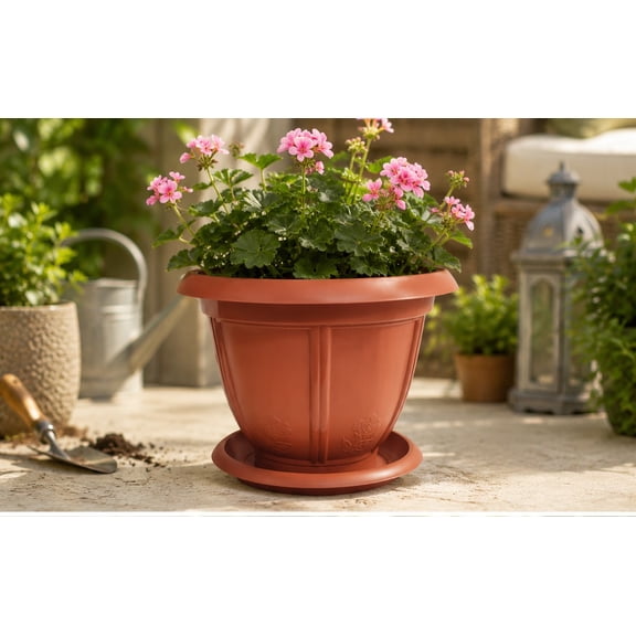 Round Terracotta Plastic Floral Flower Pot with Plate, 3 Count