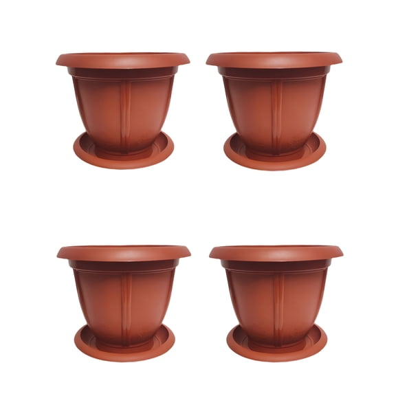 Round Terracotta Plastic Floral Flower Pot with Plate, 4 Count