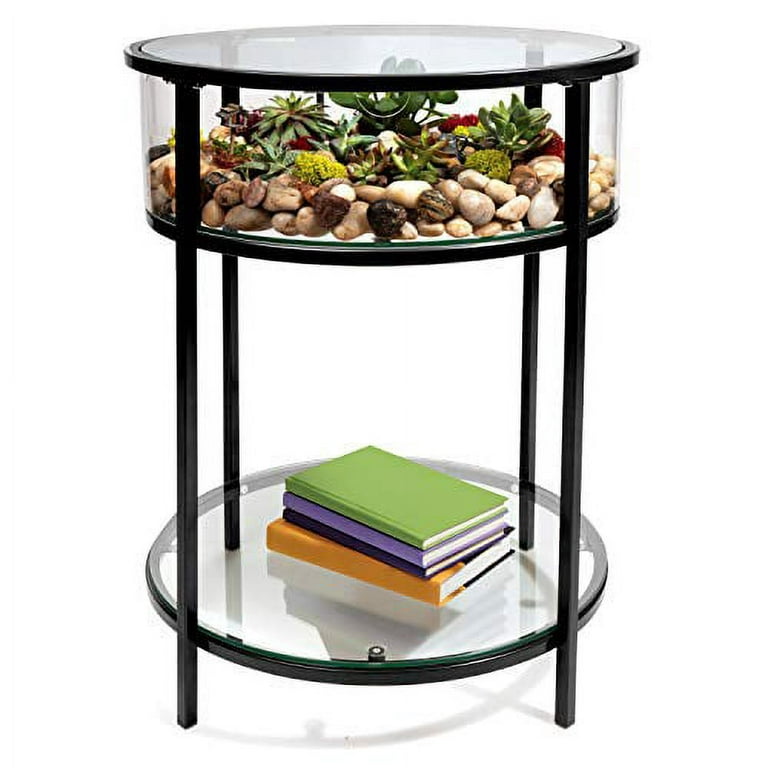 Round Terrarium Display End Table with Reinforced Glass in Black Iron- 20  Diameter, 26.5 Height- Great Indoor Decor for Any Home or Office- DIY