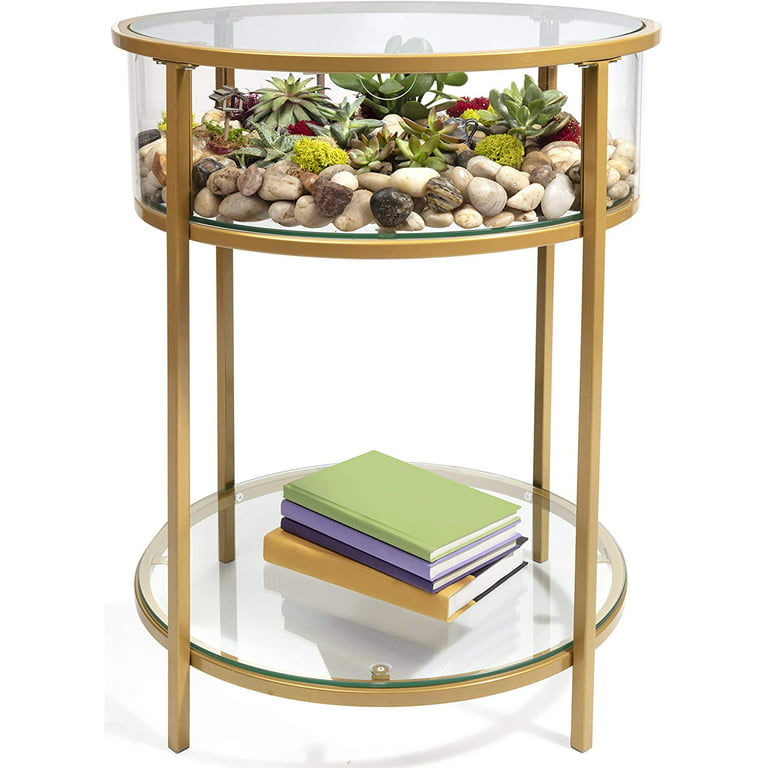 Round Terrarium Display End Table with Reinforced Glass in Gold Iron- 20  Diameter, 26.5 Height 
