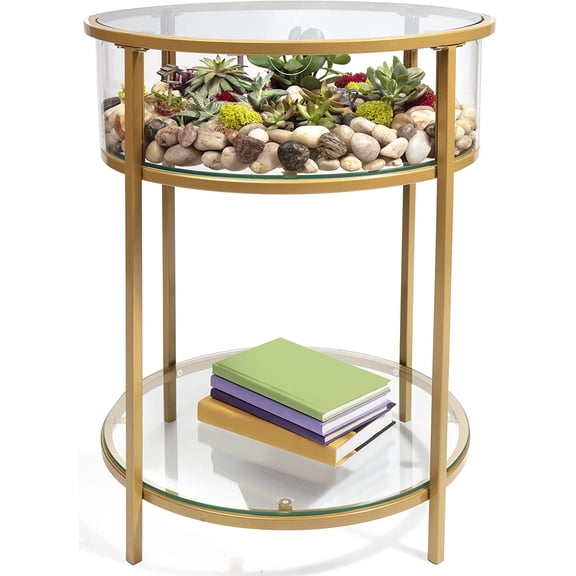 Round Terrarium Display End Table with Reinforced Glass in Gold Iron- 20" Diameter, 26.5" Height