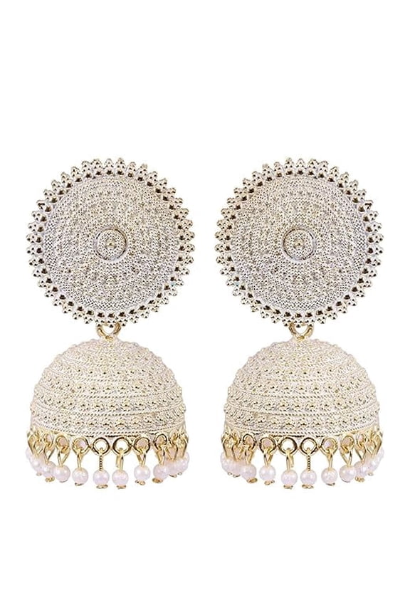 Round Textured Jhumka Dangle Earrings with Pearl Bead Drops and Dome Design