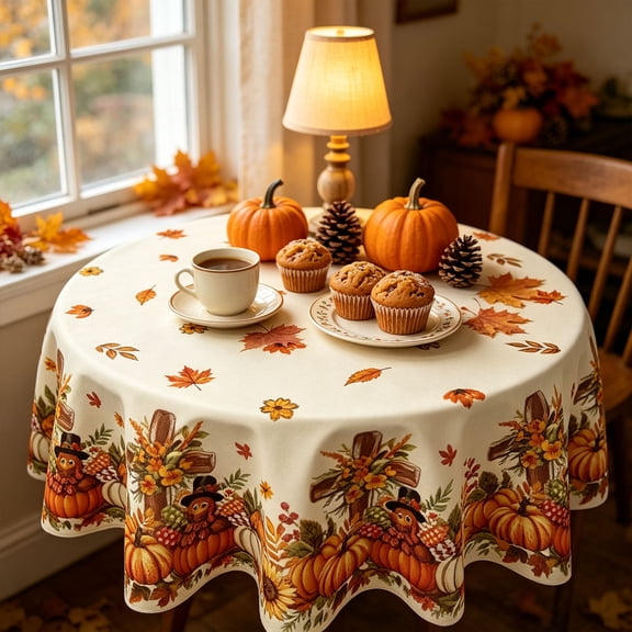 Round Thanksgiving Tablecloth 59 Inch, Waterproof Fall Maple Leaf Pumpkin Printed Dining Table Cover for Holiday Party Home Decor