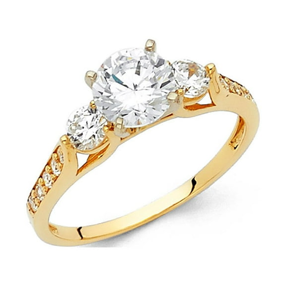 Round Three Stone CZ Engagement Ring 14k Yellow Gold Anniversary 3 Stone CZ Band Side Stones Size 7