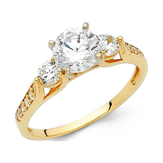 Round Three Stone CZ Engagement Ring 14k Yellow Gold Anniversary 3 Stone CZ Band Side Stones Size 8