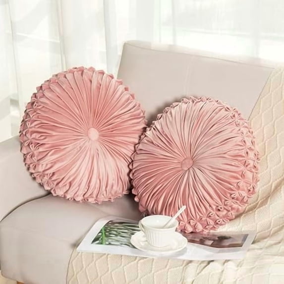 Round Throw Pillow Set of 2 – Decorative Velvet Ruched Pumpkin Pillows with Button Center, Soft Handmade Cushions for Couch Sofa Bed Farmhouse Vintage Rustic Decor, 14.5" R, Pink