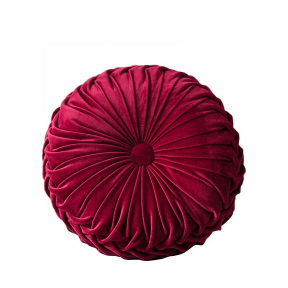 Round Throw Pillow Velvet Home Decoration Pleated Round Pillow Cushion for Couch Chair Bed Car 13.7 Inch Diameter 3.1Inch Height Red