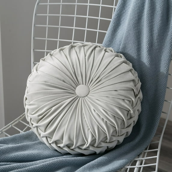 Round Throw Pillows Velvet Pleated Cushion Pumpkin Shape Home Decorative for Couch Bed Bedroom Car Chair Floor Sofa Solid Color 13.7 Inch Aosijia