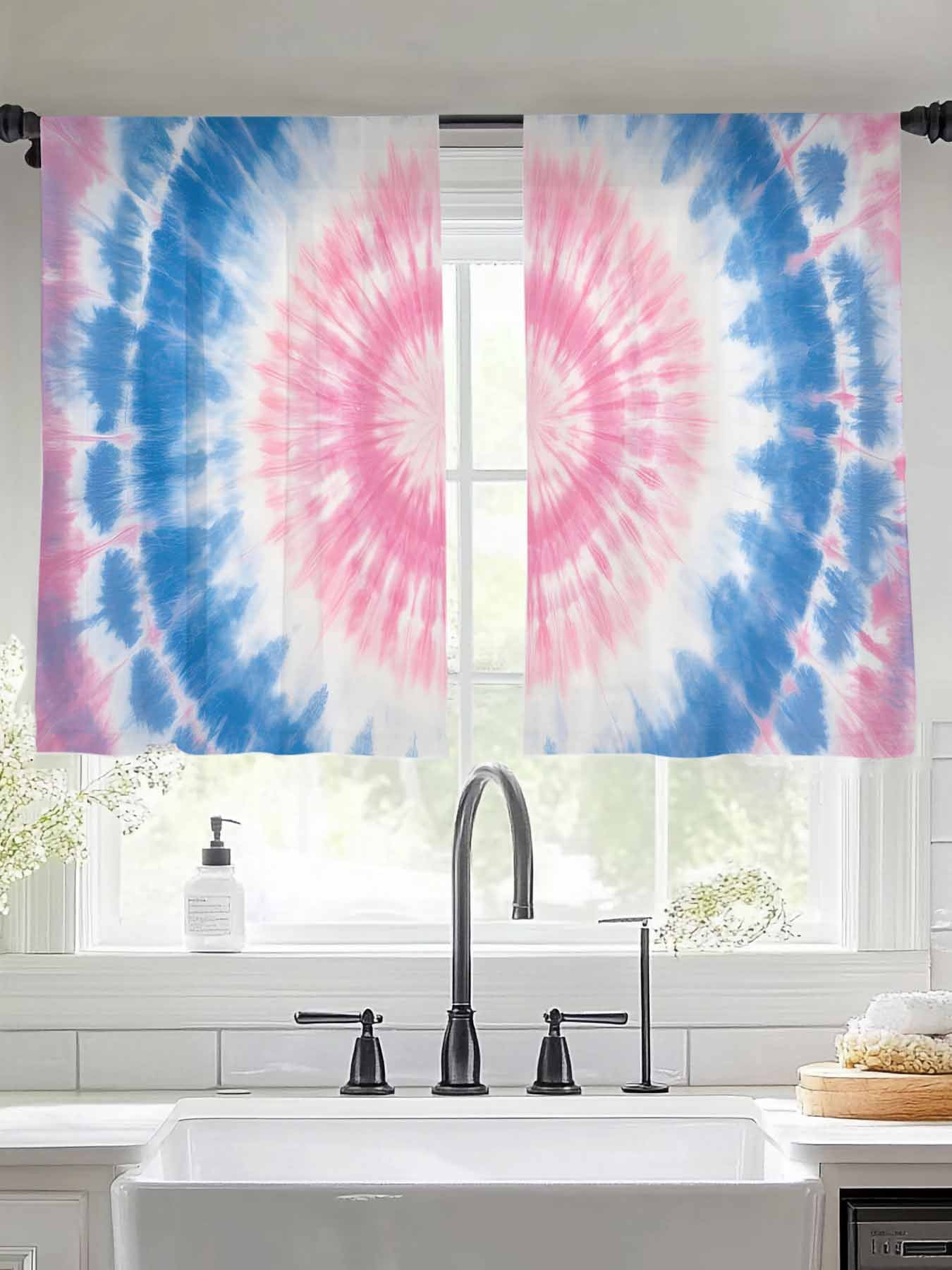 Round Tie-dye Sheer Curtains 54 Inches Long 2 Panels Blue Pink