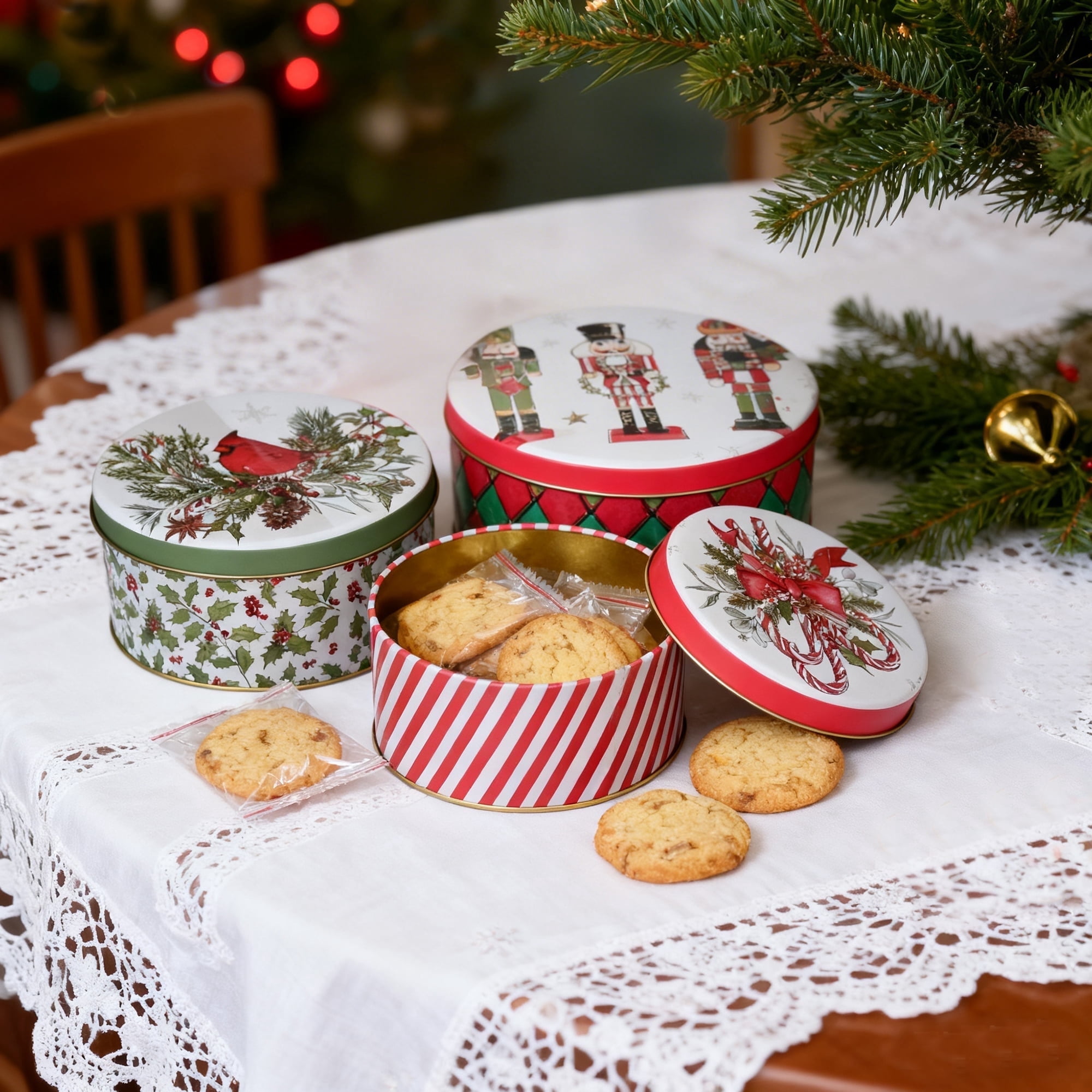 String Cookies Christmas Cookie Tins Set of 3, Round Metal Christmas Cookie Tins with ...