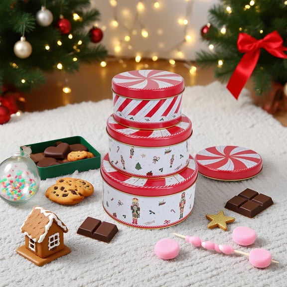 Nutcracker Christmas Cookie Tins Set of 3, Round Metal Christmas Cookie Tins with Lids - Vintage Holiday Gift Boxes for Cookies, Snacks, Chocolates,Vintage Design for Storage &Christmas Decoration