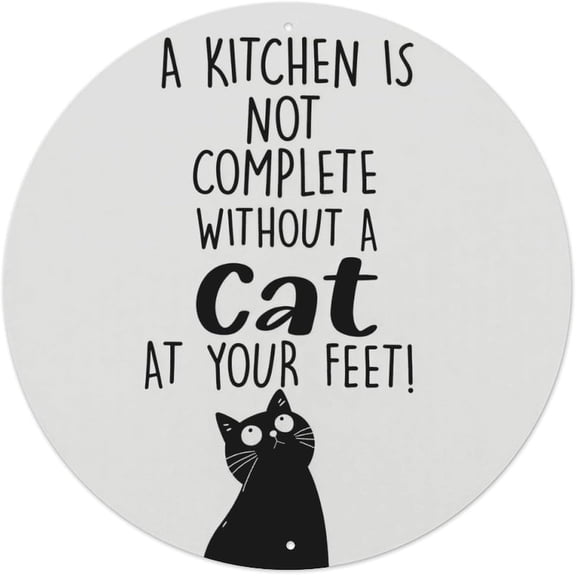 Round Tin Kitchen Wall Sign with Cat Quote, Vintage Style Metal Plaque Decoration, 8 x 8 Inch