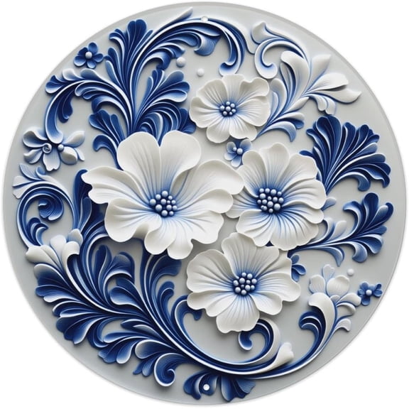 Round Tin Sign Blue White Floral Scroll Vintage Metal Wall Decor Poster for Home Bar Garage Cafe Kitchen 8 x 8 Inches