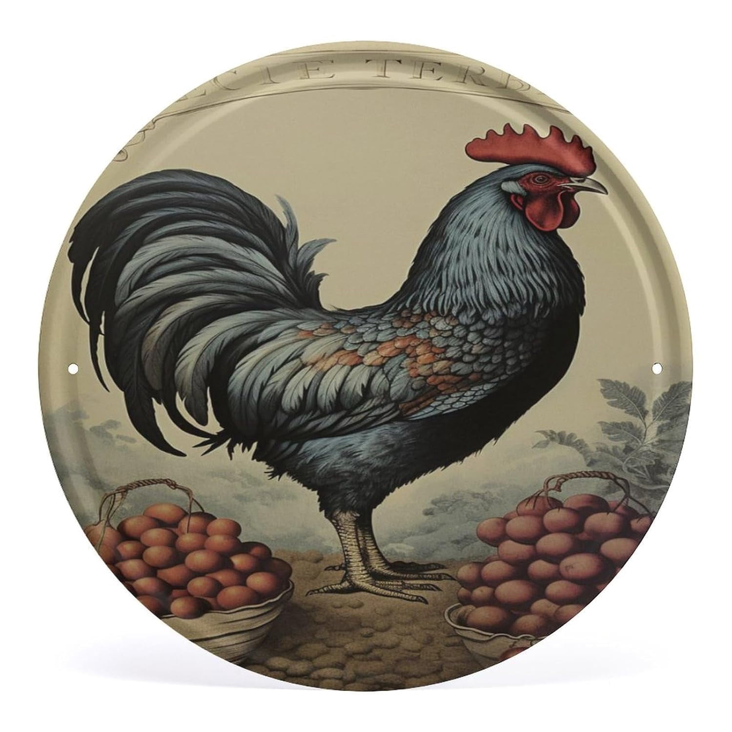 Round Tin Sign Rooster Painting Country Rustic Metal Wall Plate Vintage ...