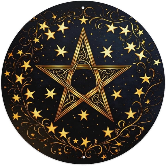 Round Tin Sign With Golden Star Pattern Floral Design Vintage Metal Wall Decor Poster for Home Bar Garage Cafe Kitchen 8 x 8 Inches