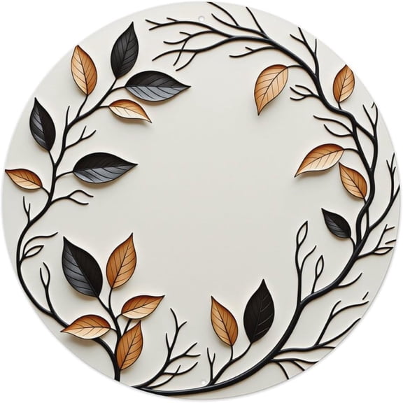 Round Tin Sign with Branches and Leaves, Vintage Metal Wall Decor for Home Bar Garage Cafe Kitchen, 8 x 8 Inches