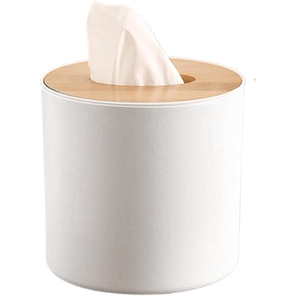 Round Tissue Box Cover with Bamboo Lid, Waterproof Storage Organizer for Bathroom Kitchen Office