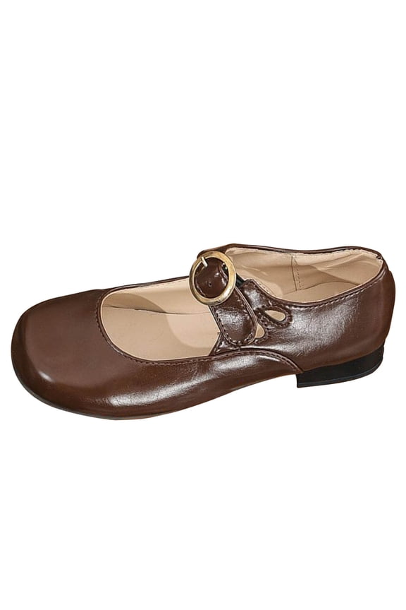 Round Toe Ballet Flats With Metal Buckle Block Heel For Women Casual Wear Indoor Outdoor Size 9 Us Foot Length 10.24 Inches Pu Synthetic Upper