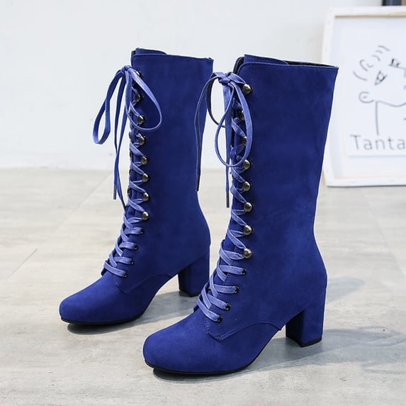 Round Toe Boots,Mid Calf Boots for Women - Tall Fashion Boots with Suede-Look Upper, Round Toe and Lace Up Mid Shaft Boots, High Block Heel Dress Boots, Casual Footwear for Autumn and Winter