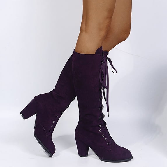 Round Toe Boots,Mid Calf Boots for Women - Tall Fashion Boots with Suede-Look Upper, Round Toe and Lace Up Mid Shaft Boots, High Block Heel Dress Boots, Casual Footwear for Autumn and Winter