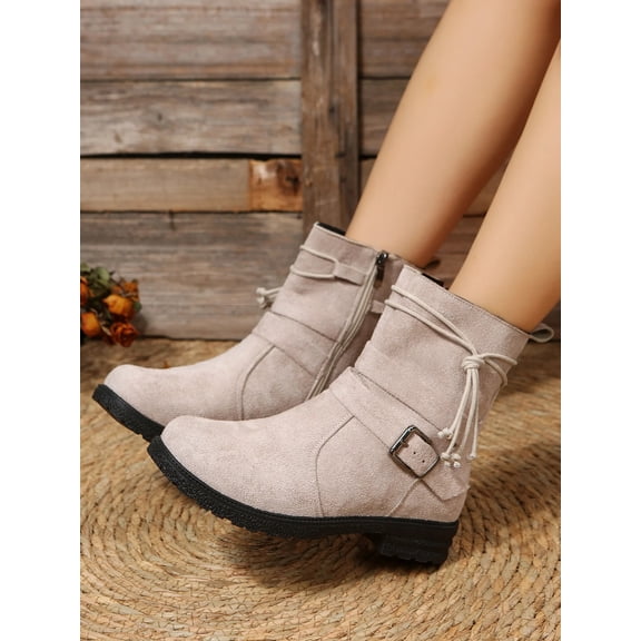 Round Toe Buckle Shoes Casual Retro Boots With Side Zipper Low Heel Outdoor Non Slip Ankle Boots For Women