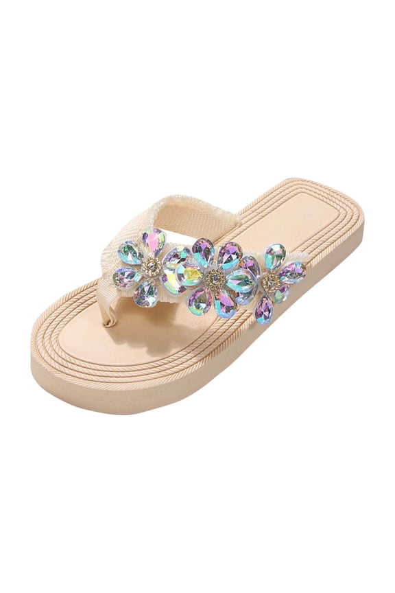 Round Toe Casual Summer Out Side Wear Rhinestones Flower Decoration Slippers Flip Flops Flats Lady Vacation Beach Sandals Beige Women Sandal