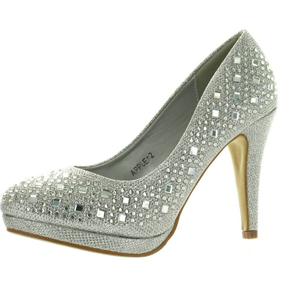 Round Toe Glitter Mesh Rhinestone Studded Low Platform Pump Heels