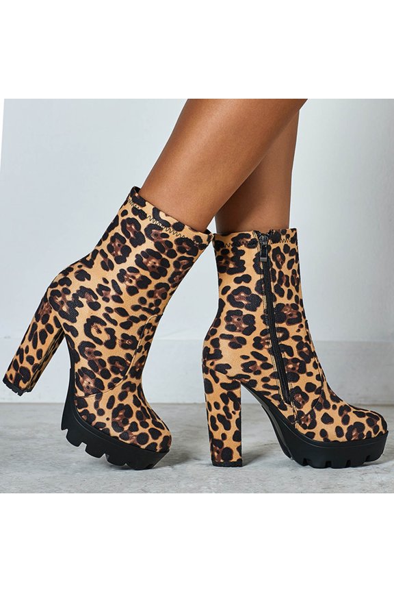 Round Toe Leopard Wrapped Platform Ankle Boots Zip Up High Heeled Boots With A Thick Sole Nightclub Winter Boots