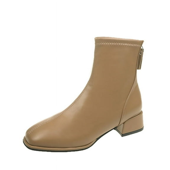 Round Toe PU Boots with Back Zipper (5, Beige)