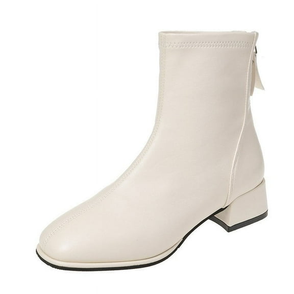 Round Toe PU Boots with Back Zipper (7.5, White)