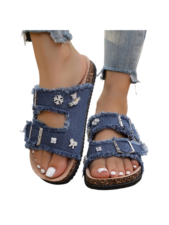 Round Toe Slides for Women Solid Color Fashionable Adjustable Double Straps Soft Soled Platform Sandals Outdoor Beach Walking Shoes Blue Size 9
