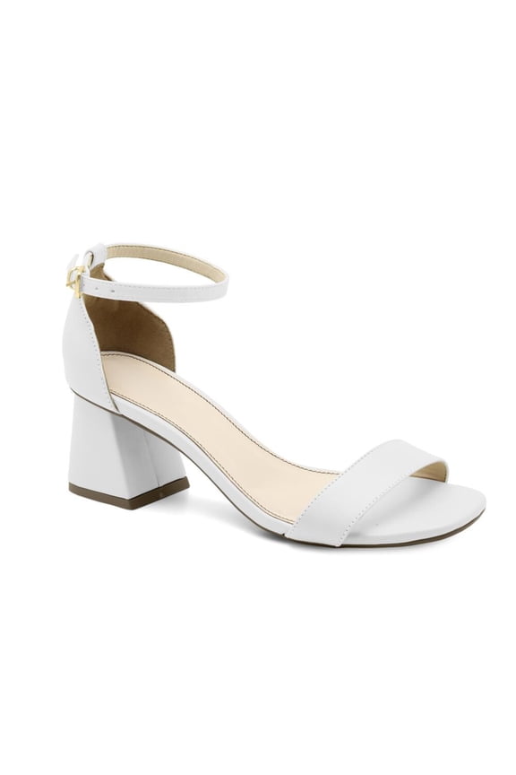 Round Toe White Block Leather Heel