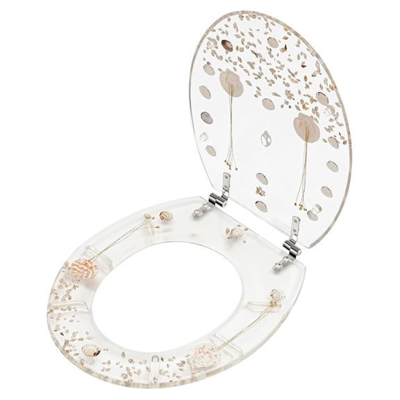 Round Toilet Seat, 16.73" x 13.98" Transparent Resin Toilet Seat with Stainless Steel Strong Hinges, Heavy Duty Toilet Cover Quiet-Close Seat, U/V Shell Toilet Cover Bathroom Decoration