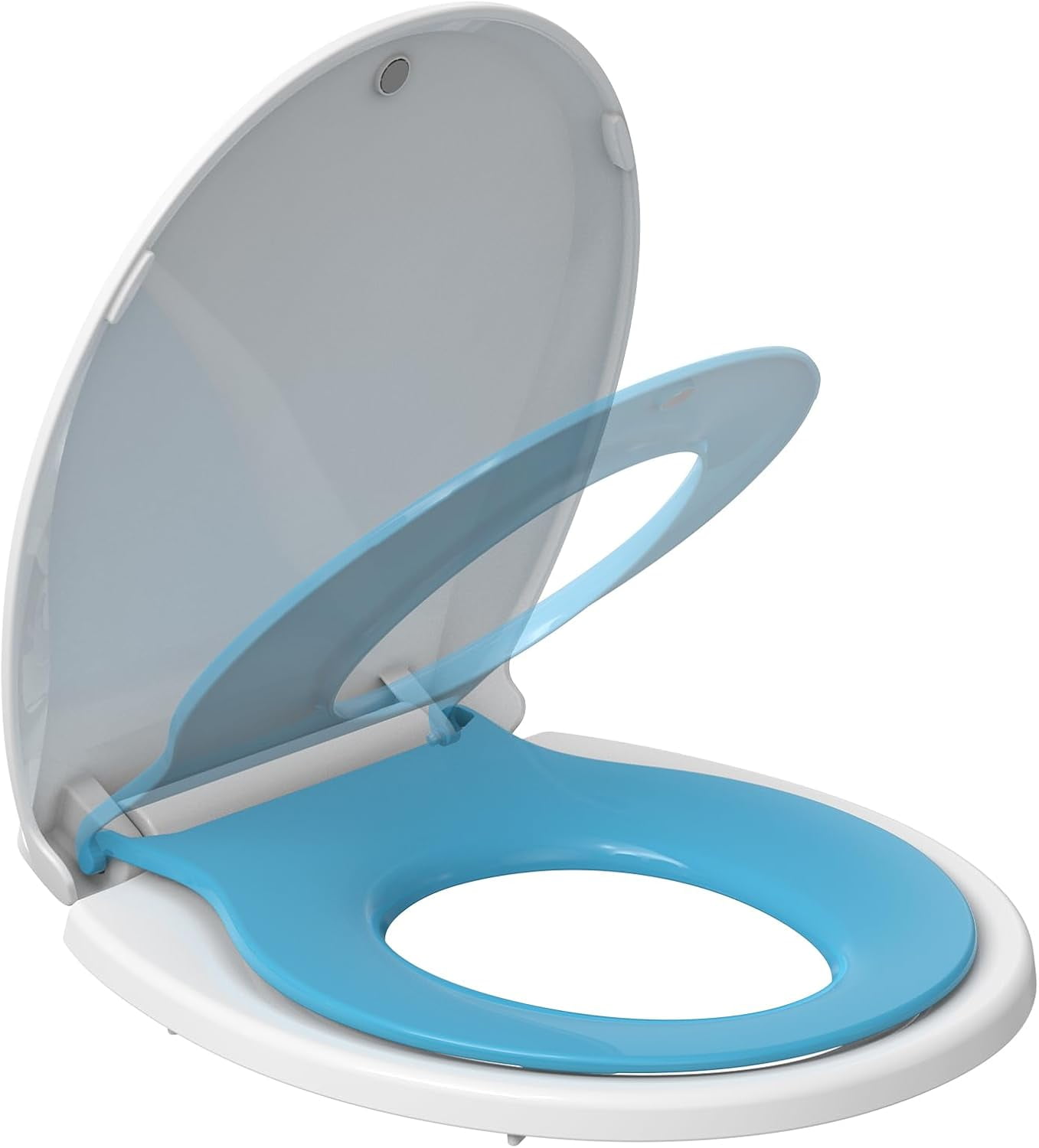 Round Toilet Seat with Built-In Potty Training Seat for Adult and Child Use, Soft Quiet-Close Lid with Non-Slip Design, Magnetic Kids Seat in Blue, Easy to Install and Clean 17''