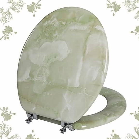 Round Toilet Seat Natural Wood Toilet Seat with Zinc Alloy Hinges, Easy to Install also Easy to Clean, Anti-pinch Marble Toilet Seat by (Round, Green Marble)