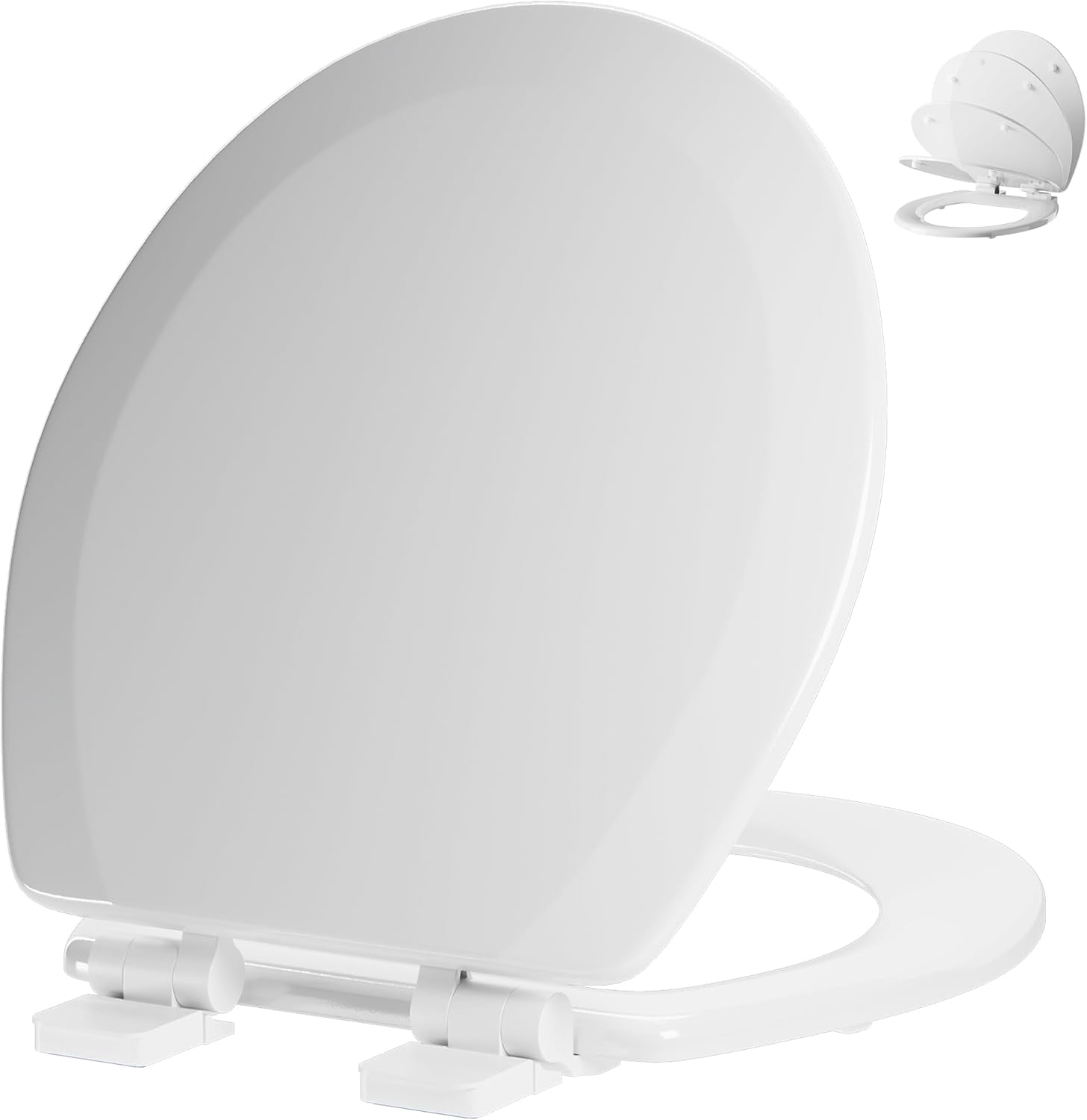 Round Toilet Seat  Quiet-Close Molded Wood Toilet Seat with Non-Slip Adjustable Hinges, Anti-Pinch Bumpers, Easy Install & Clean（White, Round 16.5''）