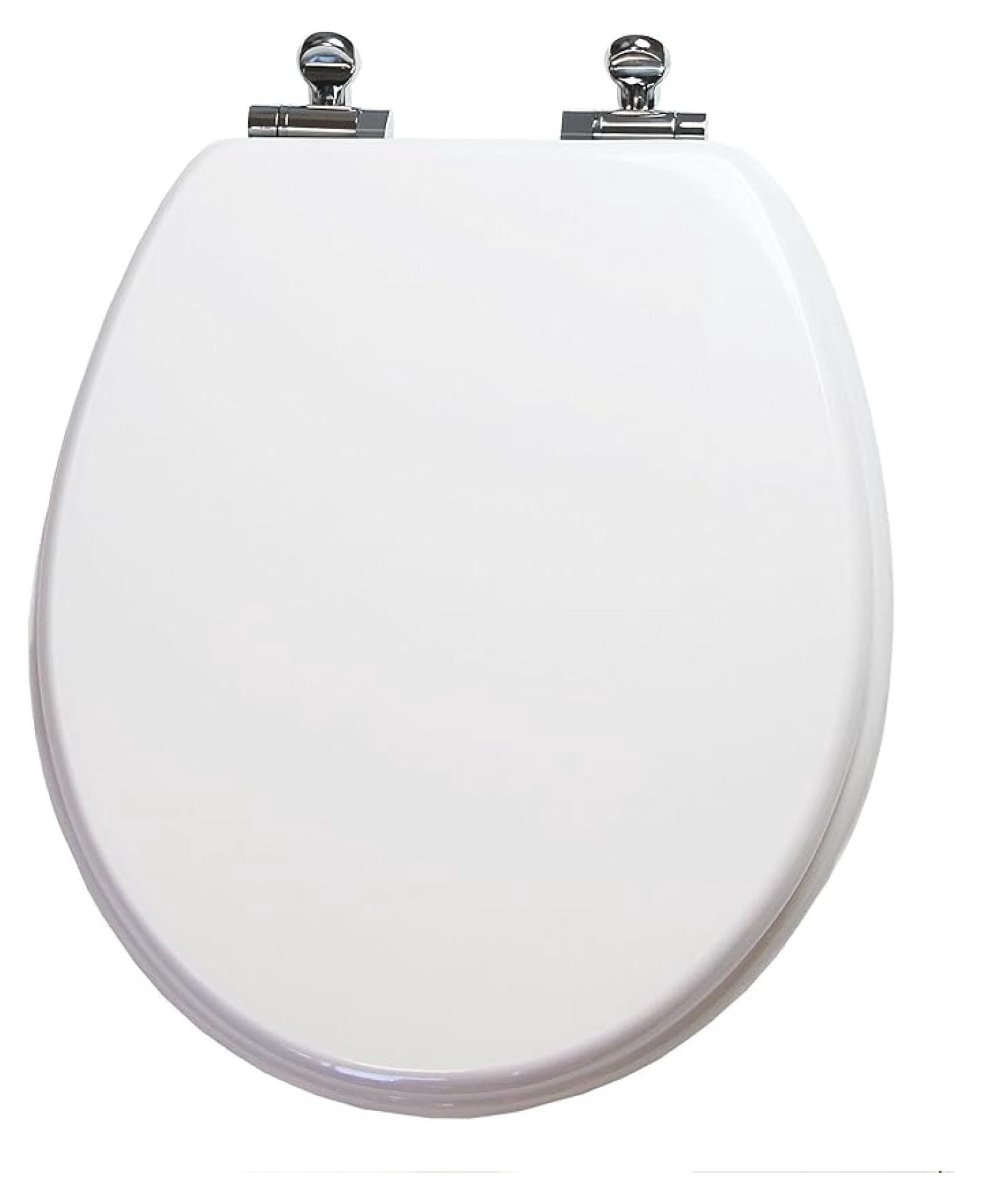 Round Toilet Seat Slow Close White Wood - 16.5 Inch Bowl Fit - Chromed Hinges - Durable & Easy Install Bathroom Toilet Seat