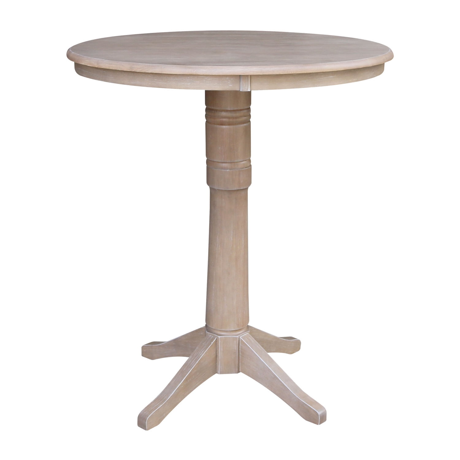 36" Round Washed Gray Solid Wood Bar Height Pedestal Table
