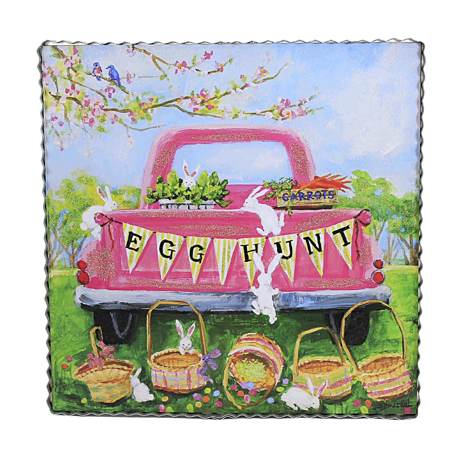 Round Top Collection Egg Hunt Print Wood Easter Bunny Truck Baskets E22069