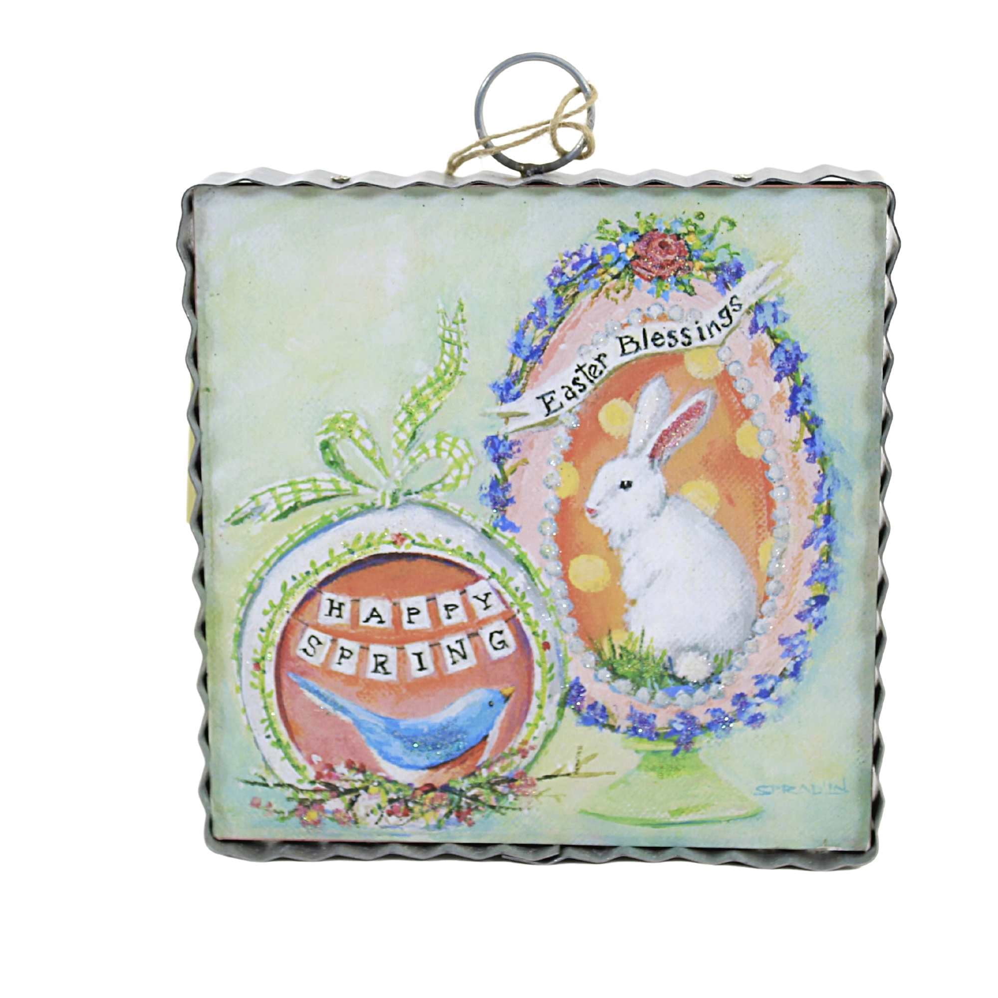 Mini Easter Bunny and Spring Bird Canvas Print with Metal Frame