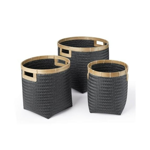 Round Top & Square Bottom Bamboo Baskets with Cut-Out Handles, Natural Rim - Set of 3
