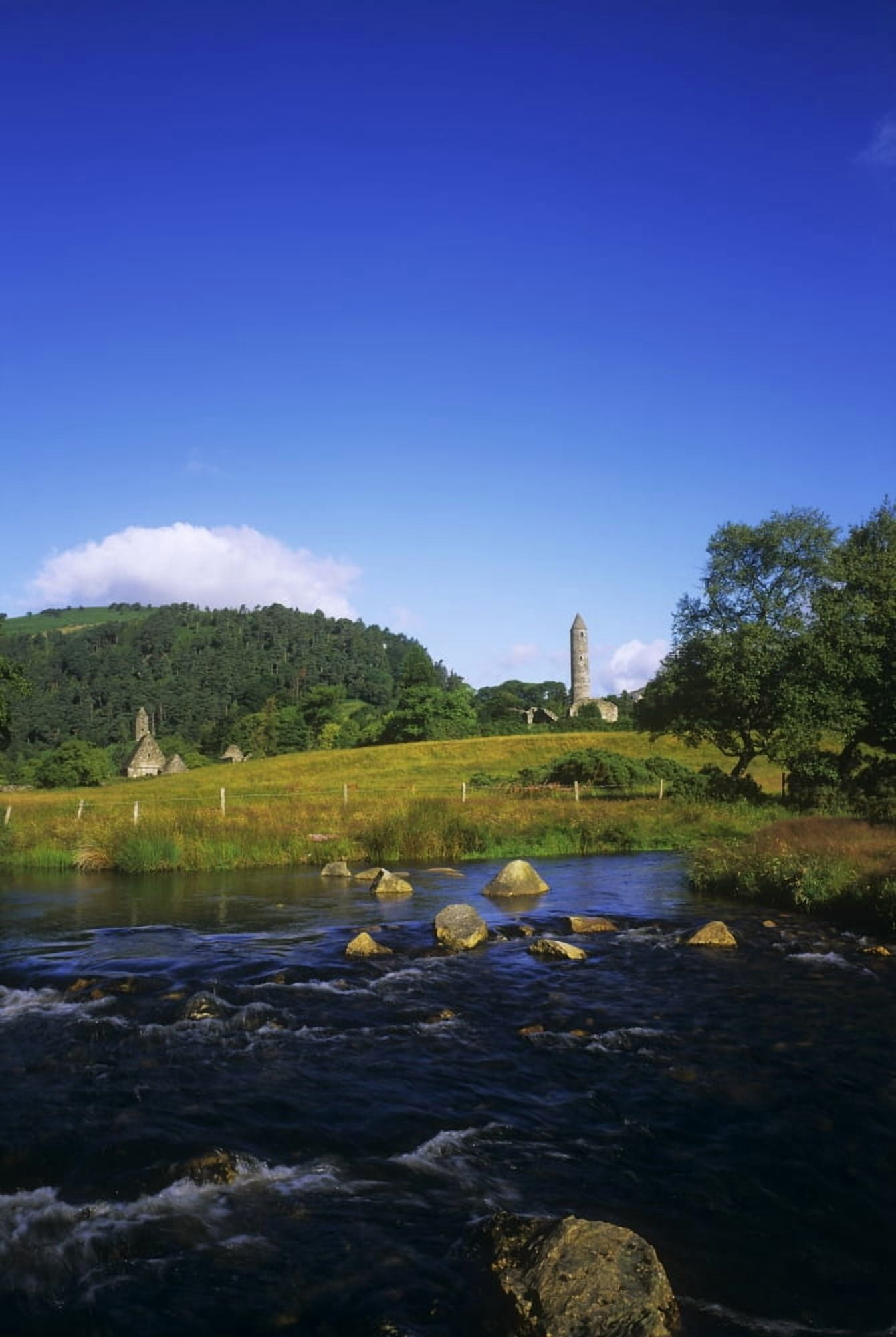 Round Tower And River In The Forest Glendalough Wicklow Mountains Republic Of Ireland Canvas Art - The Irish Image Collection Design Pics (22 x 34)
