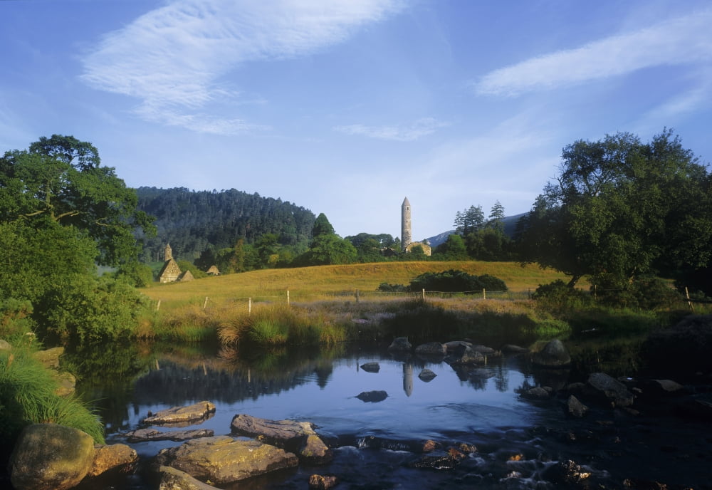 Round Tower In The Forest Glendalough County Wicklow Republic Of Ireland Canvas Art - The Irish Image Collection Design Pics (18 x 12)