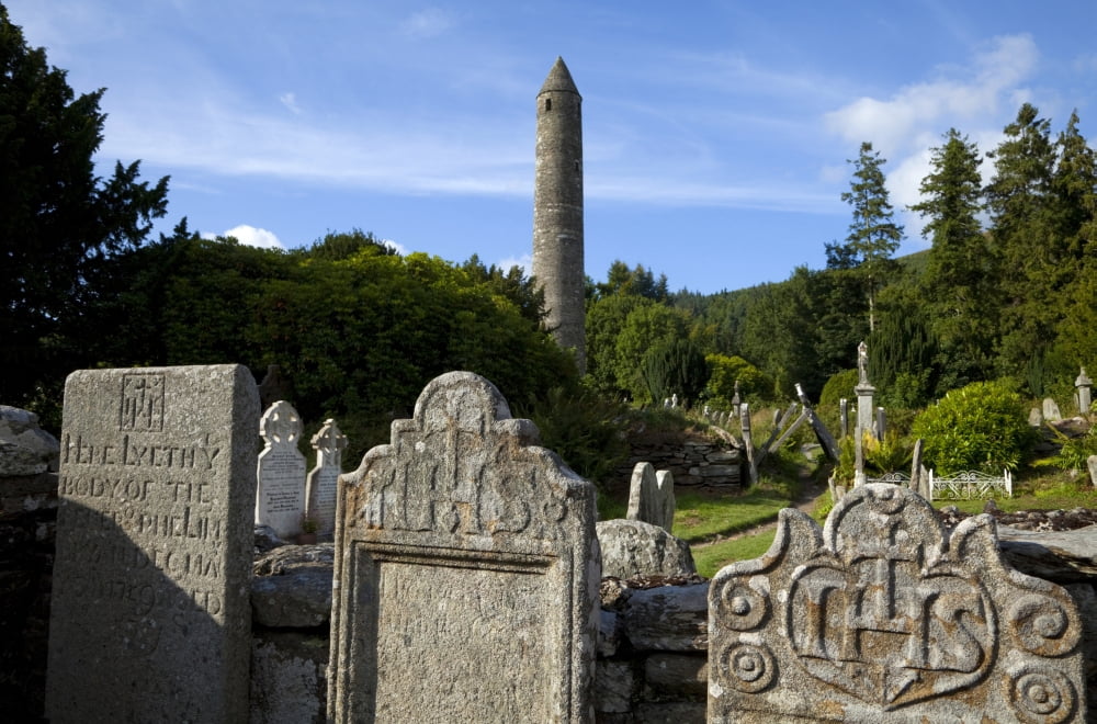 Round Tower and Graveyard in Glendalough Early Monastic Site County Wicklow Ireland Canvas Art - George Munday Design Pics (19 x 12)