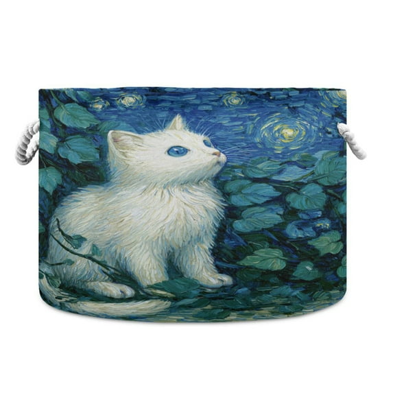 Round Toy Storage Basket Foldable Storage Basket for Home Decor Laundry Basket20" x 14" Blue Eyes Cat