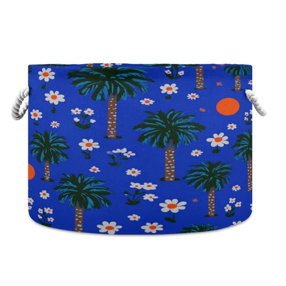 Round Toy Storage Basket Foldable Storage Basket for Home Decor Laundry Basket20" x 14" Blue Summer Palm Trees