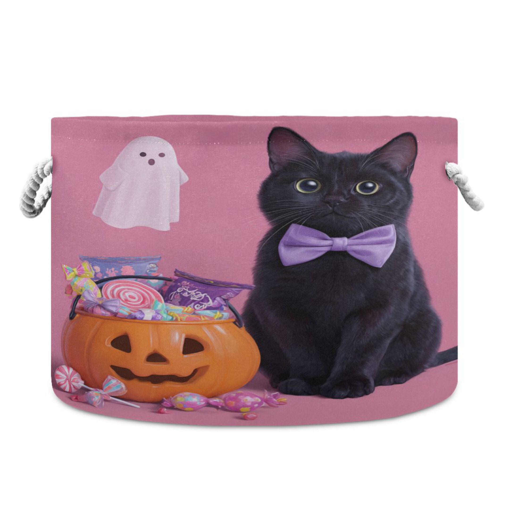 Round Toy Storage Basket Foldable Storage Basket for Home Decor Laundry Basket20" x 14" Bow Tie Black Cat