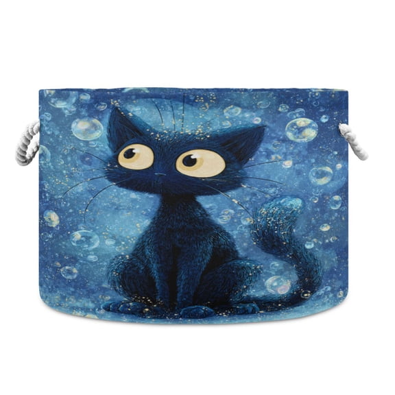 Round Toy Storage Basket Foldable Storage Basket for Home Decor Laundry Basket20" x 14" Bubbles Around The Cat