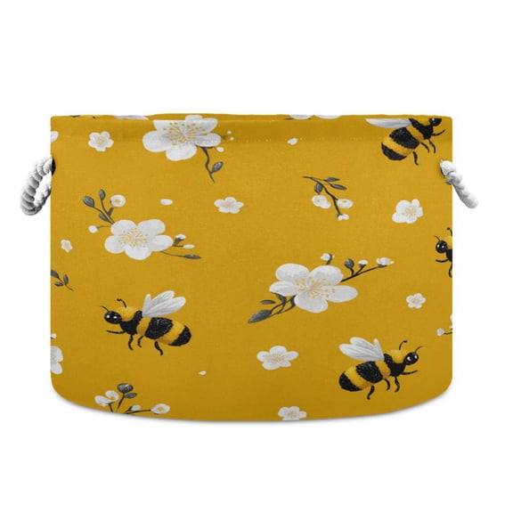 Round Toy Storage Basket Foldable Storage Basket for Home Decor Laundry Basket20" x 14" Cute Cartoon Bees